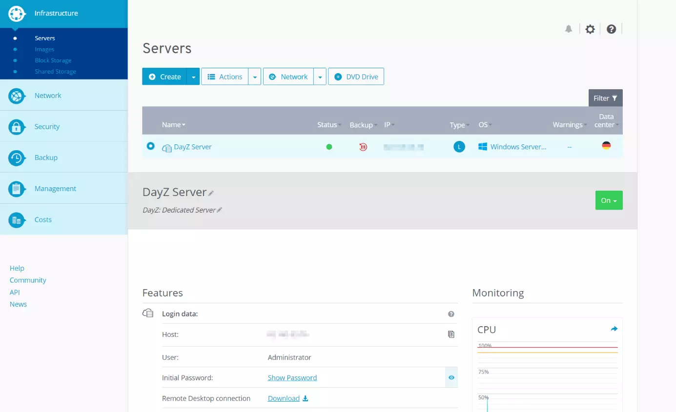 Cloud Panel di IONOS: dati di accesso per il server DayZ.