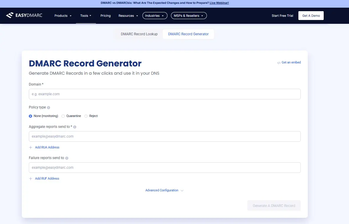 Immagine: Screenshot dello strumento DMARC Record Generator di EasyDMARC