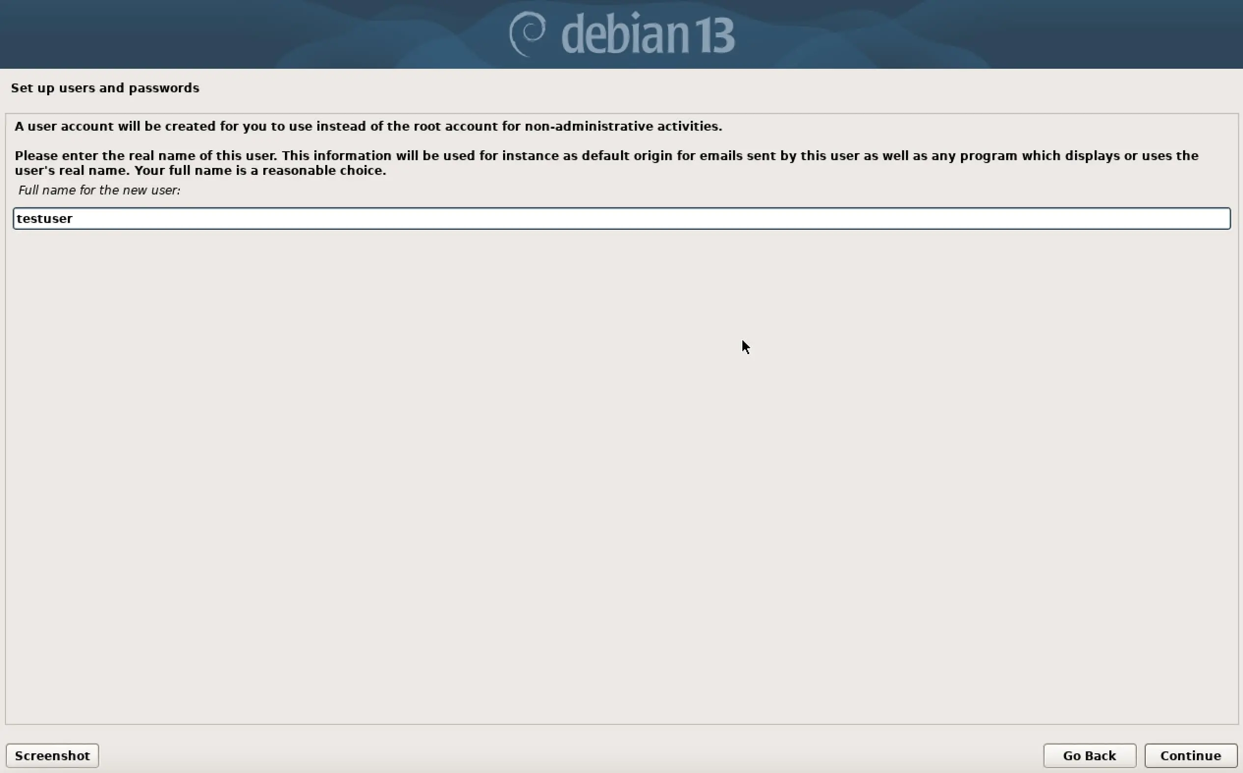 Immagine: Screenshot dell&rsquo;installazione di Debian 13: impostazione dell&rsquo;utente