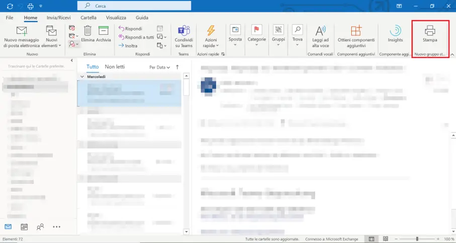 Immagine: Barra multifunzione Outlook con il nuovo comando &ldquo;Stampa&rdquo;