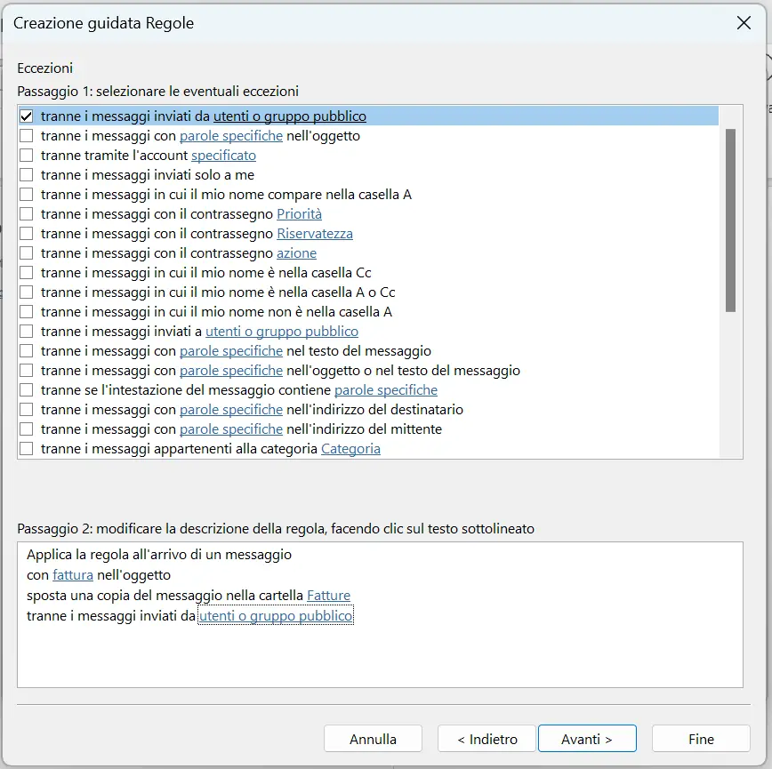Creazione guidata Regole di Outlook: selezione delle condizioni per le eccezioni Immagine: Creazione guidata Regole di Outlook: selezione delle condizioni per le eccezioni