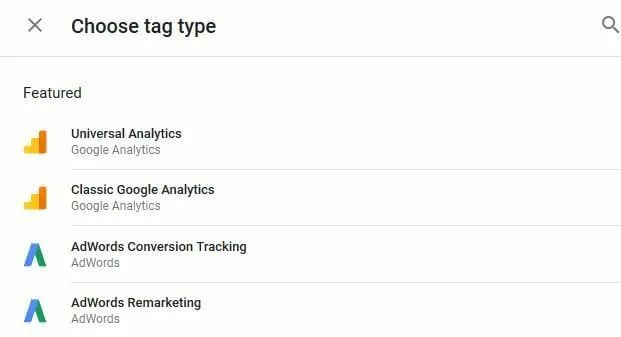 Scelta del tipo di tag su Google Tag Manager