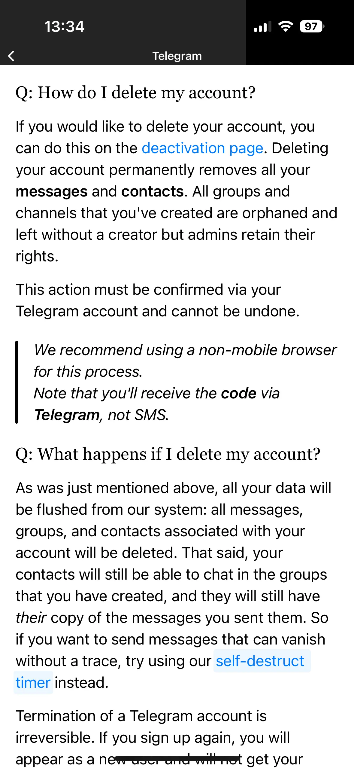 FAQ dell’app Telegram “Come eliminare il mio account?” Immagine: FAQ dell’app Telegram “Come eliminare il mio account?”