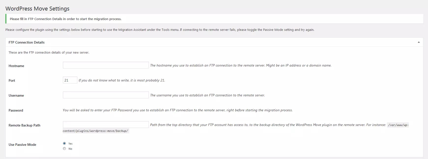 Impostazioni del plug-in WordPress Move