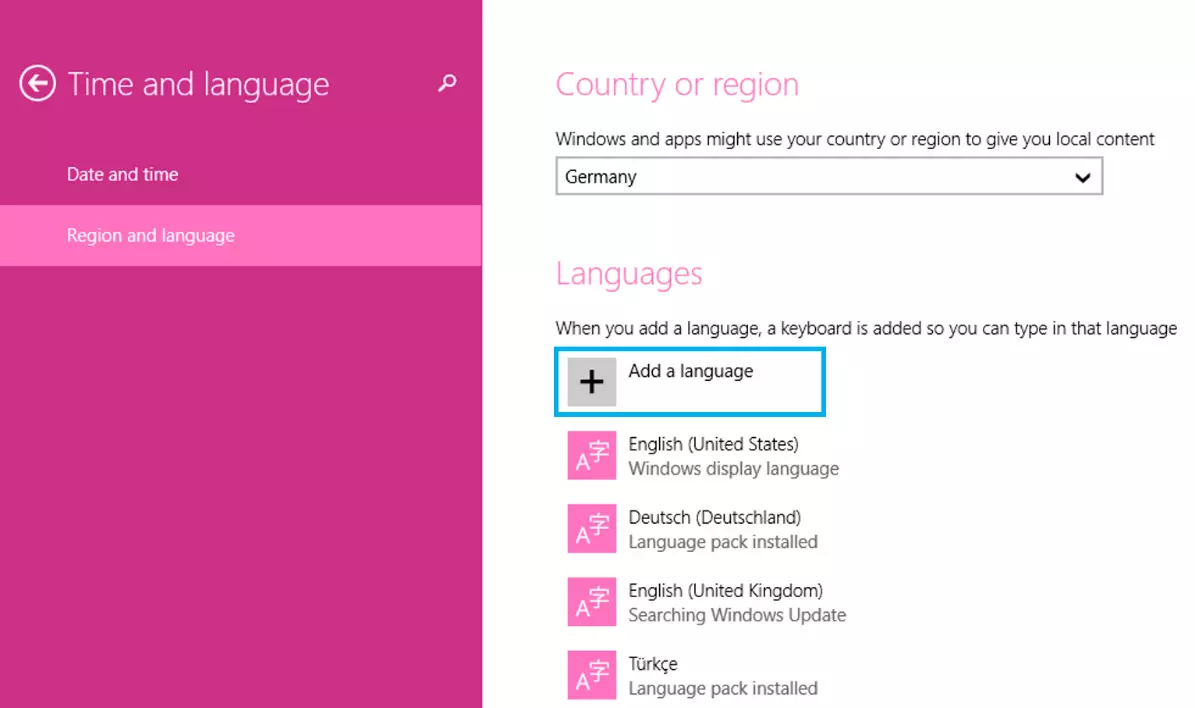 Immagine: Impostazioni per “Area geografica e lingua” di Windows 8