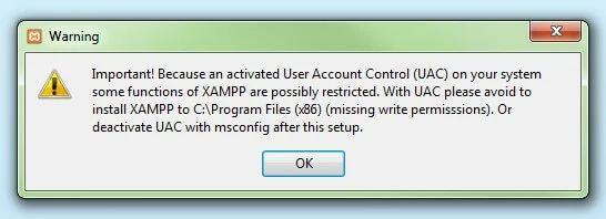 Immagine: Avviso di XAMPP nel caso in cui sia attivo l’UAC