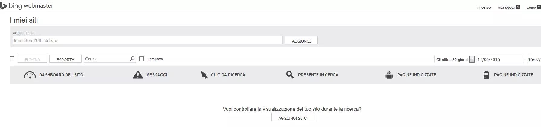 Immagine: Screenshot di Bing Webmaster Tools