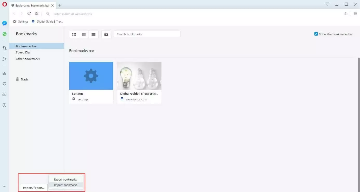 Immagine: Gestione dei segnalibri di Opera: pulsante “Importa/esporta”