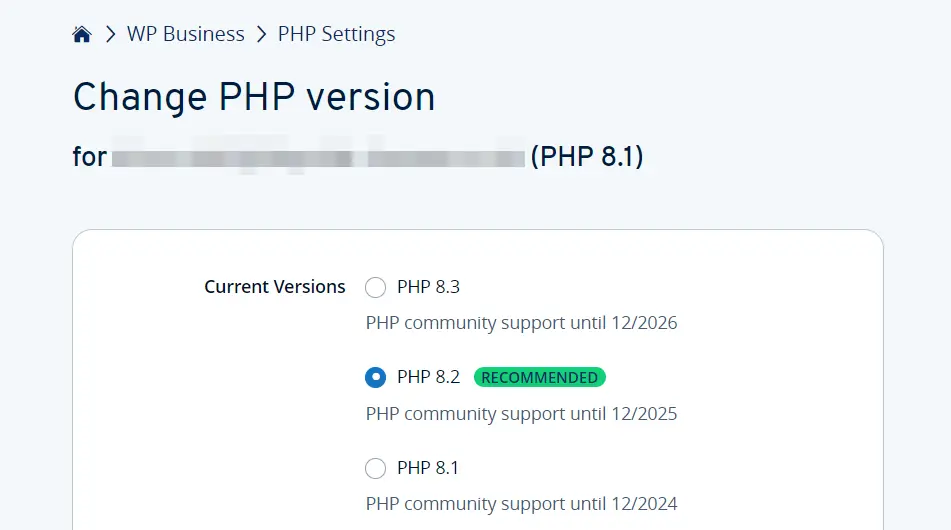 Selezione della versione di PHP nell’area cliente di IONOS Immagine: Selezione della versione di PHP nell’area cliente di IONOS