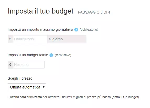 Immagine: Screenshot del terzo passaggio della configurazione della campagna con Twitter Ads