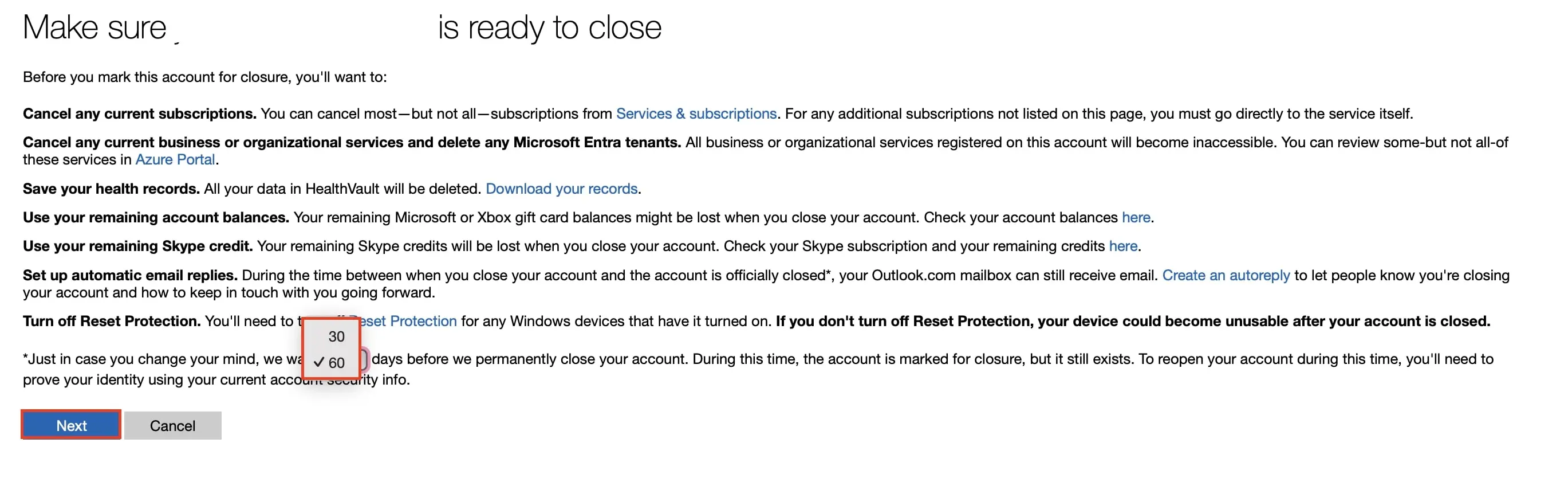 Immagine: Chiudere l&rsquo;account Microsoft: informazioni preliminari