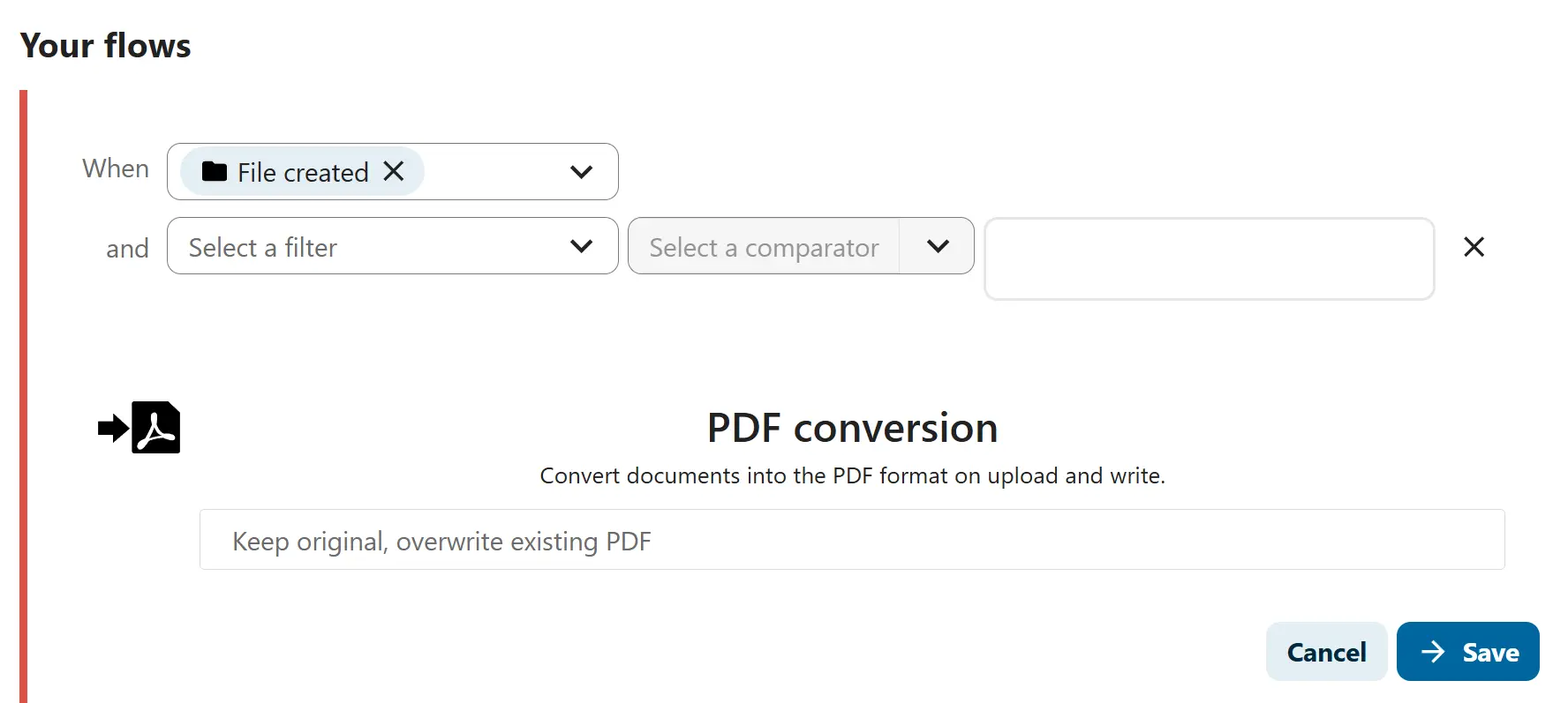 Flusso Nextcloud configurato per la conversione in PDF Immagine: Flusso Nextcloud configurato per la conversione in PDF