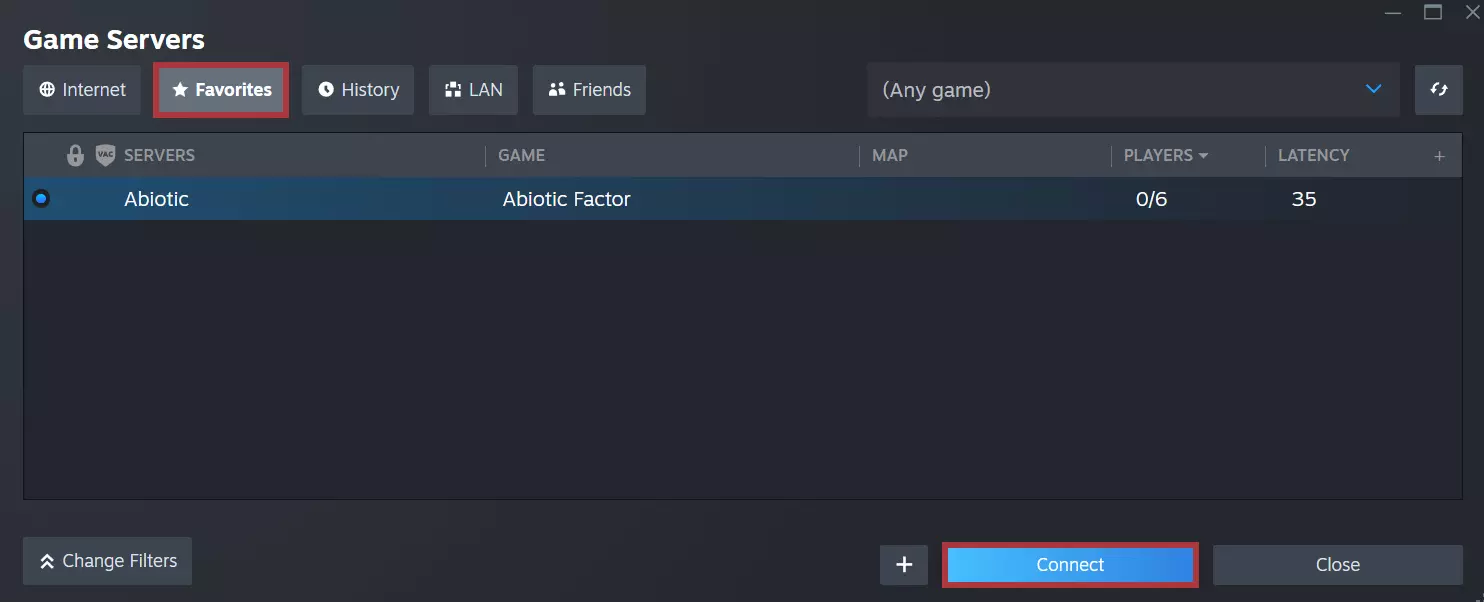 Immagine: Server dedicato per Abiotic Factor nella panoramica dei server di gioco nel client di Steam