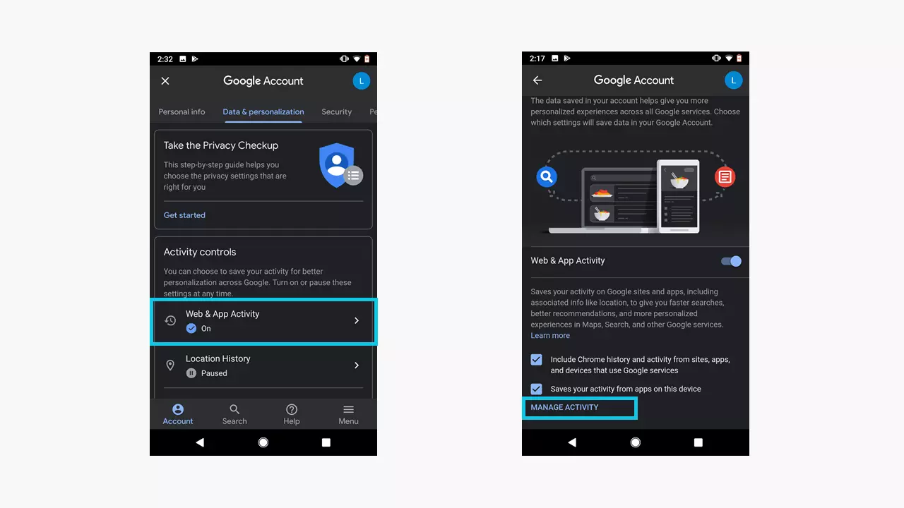 Android: Impostazioni di Google “Dati e personalizzazione”