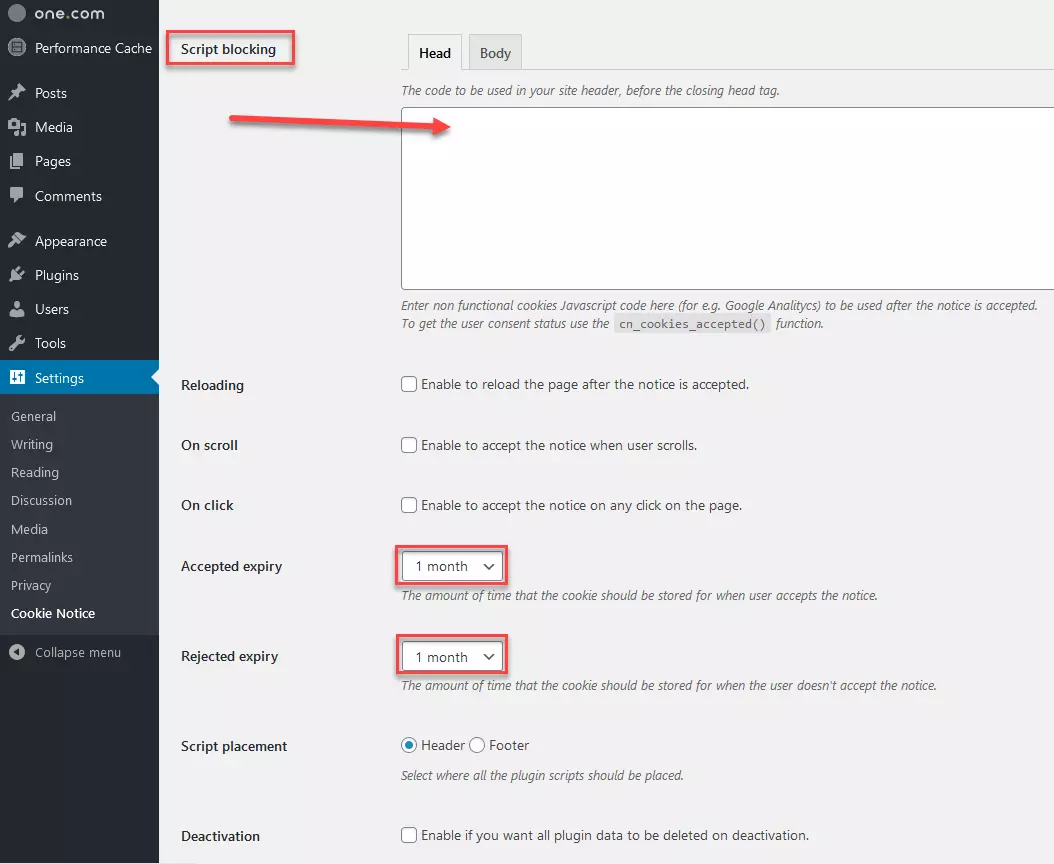 Cookie Notice: blocco degli script