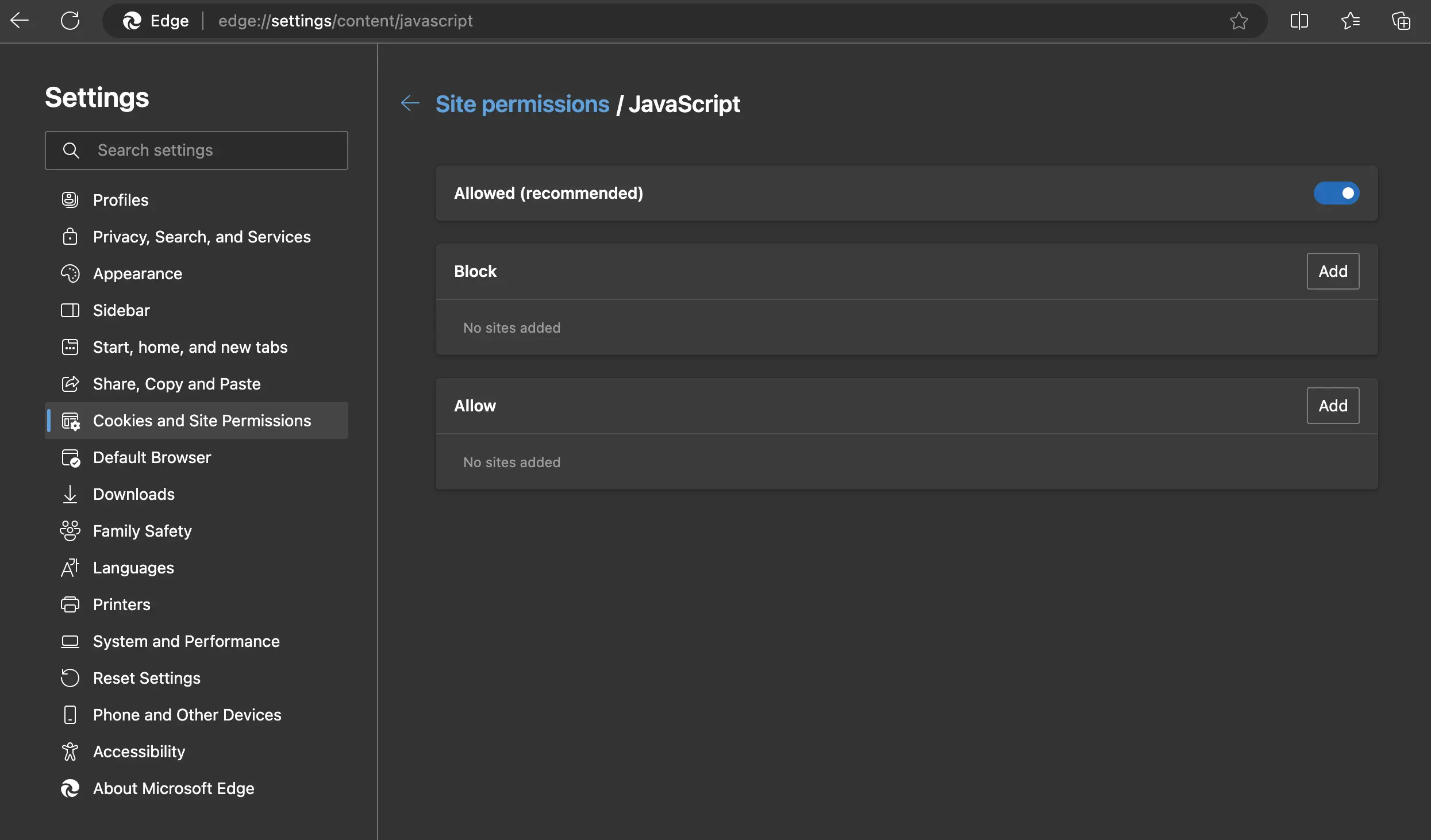 Immagine: Screenshot delle autorizzazioni del sito per JavaScript