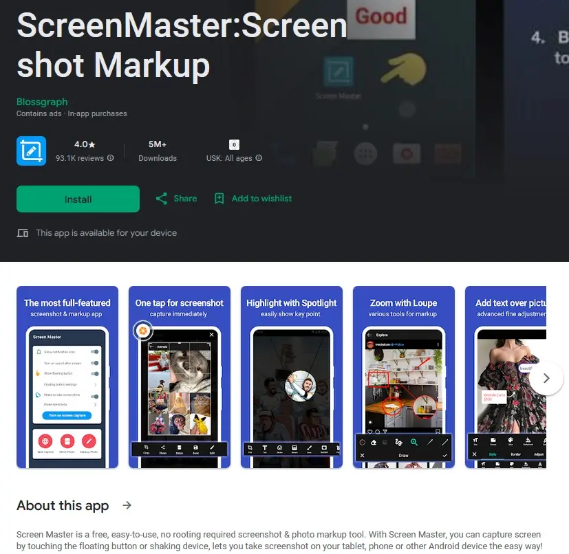 Immagine: Strumento per fare screenshot Screen Master su Google Play Store