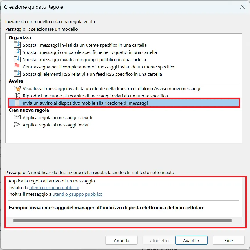 Creazione guidata Regole di Outlook: selezione del modello per la regola Immagine: Creazione guidata Regole di Outlook: selezione del modello per la regola