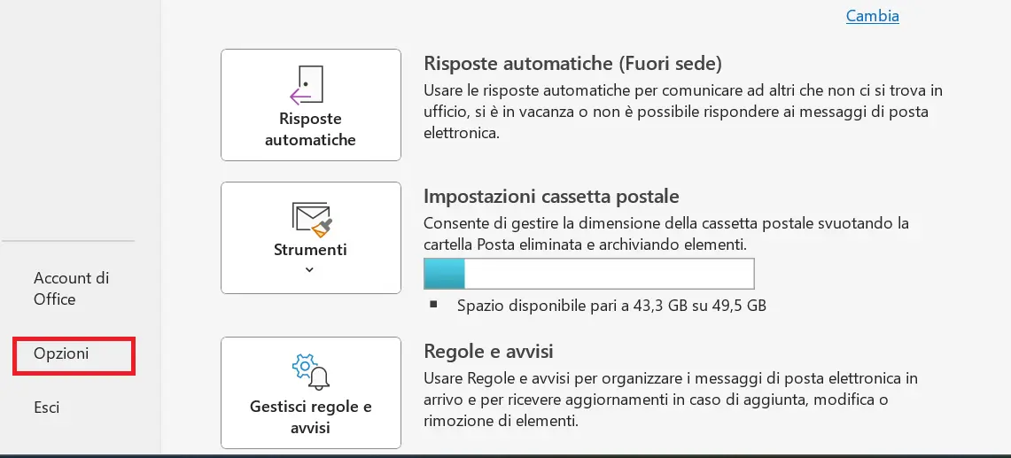 Microsoft Outlook: scheda “File” Immagine: Microsoft Outlook: scheda “File”