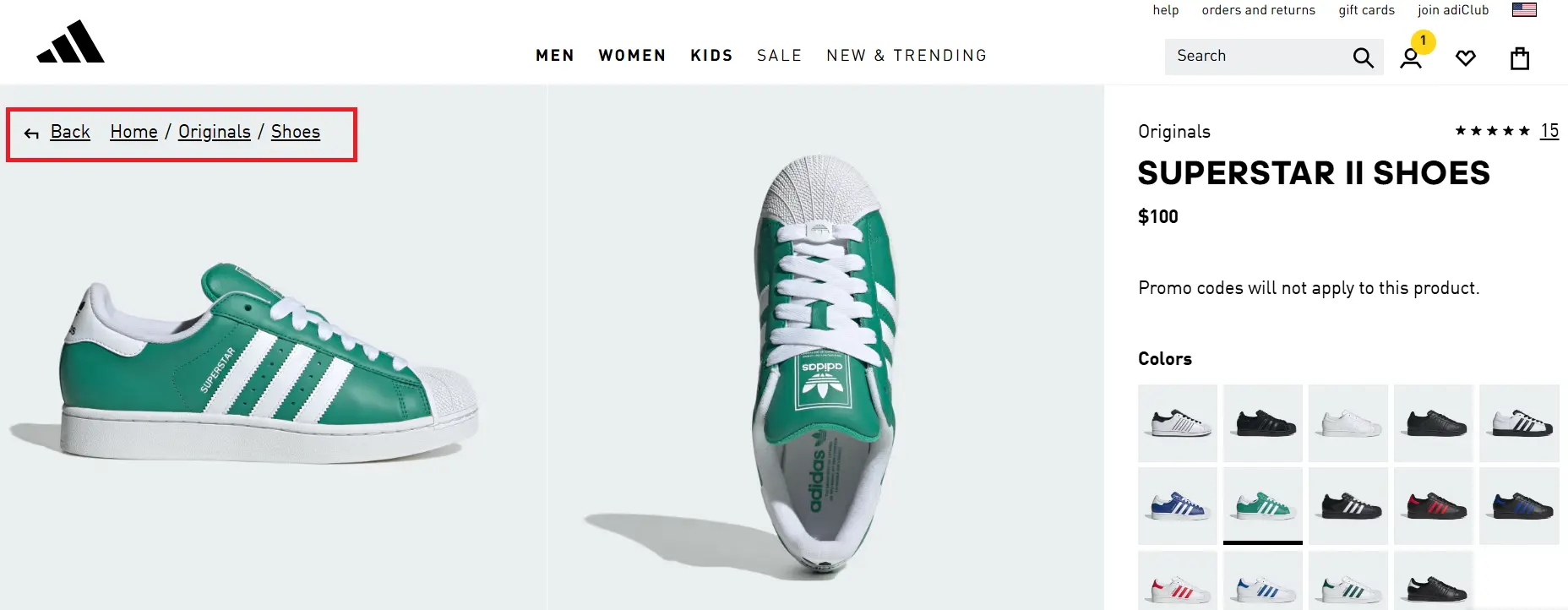 Screenshot della categoria scarpe sul sito americano di Adidas Immagine: Screenshot della categoria scarpe sul sito americano di Adidas