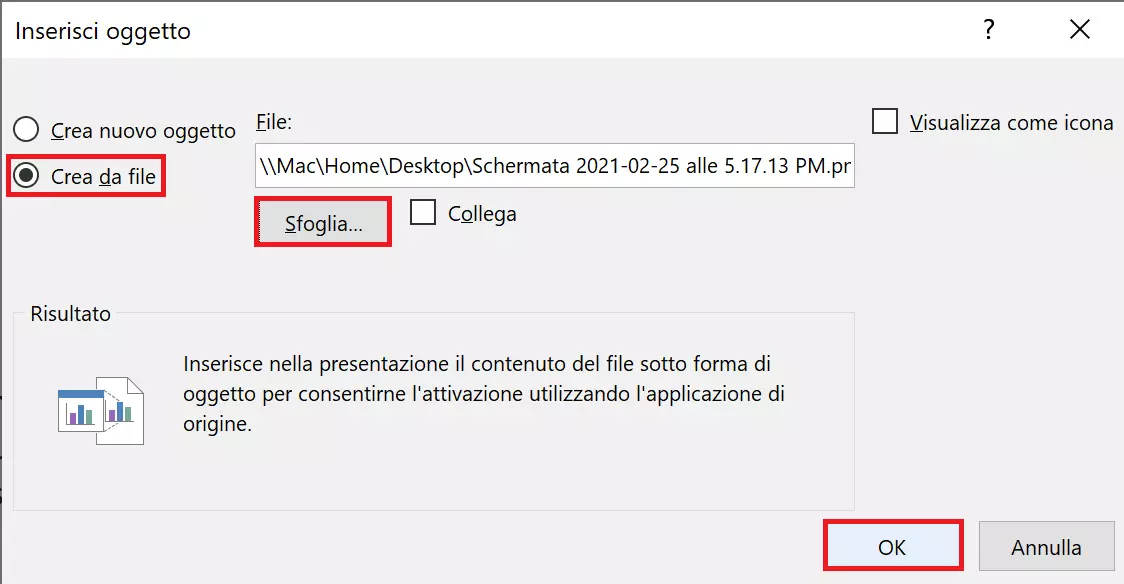 Inserire l’oggetto in PowerPoint: opzione “Crea da file” 