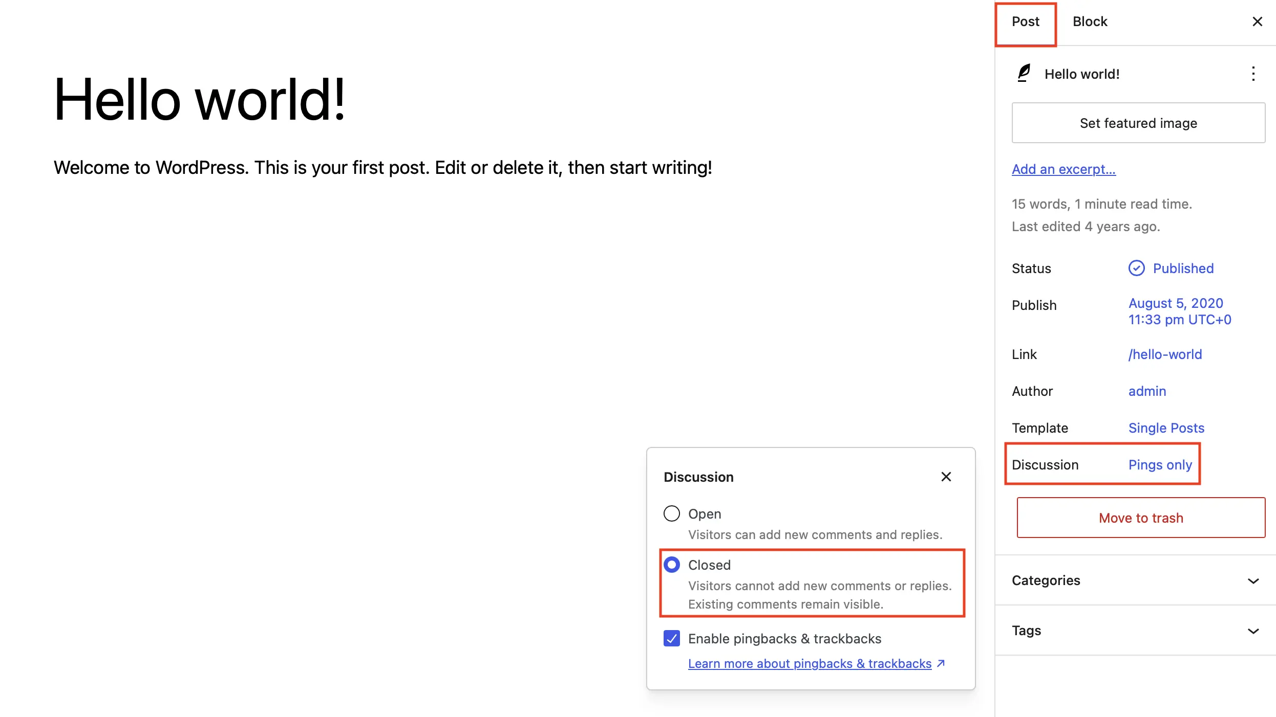Editor Gutenberg con box informazioni (barra laterale destra); la sezione “Articolo” e “Discussione” sono aperte Immagine: Editor Gutenberg con box informazioni (barra laterale destra); la sezione “Articolo” e “Discussione” sono aperte