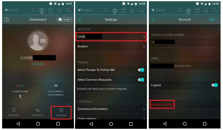 Menu per l’eliminazione dell’account di Vero