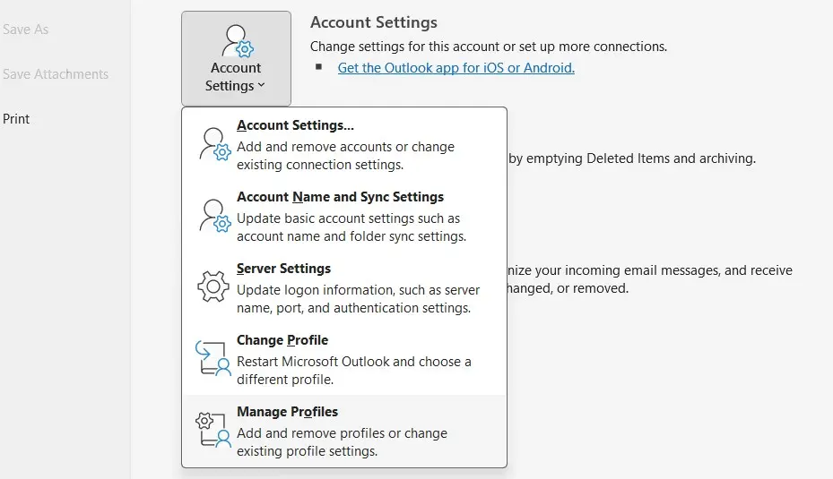 Immagine: Impostazioni dell’account di Outlook