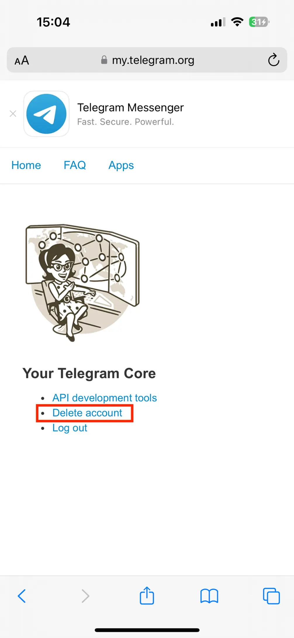 Sito web di Telegram “Delete Account”: sezione principale Immagine: Sito web di Telegram “Delete Account”: sezione principale