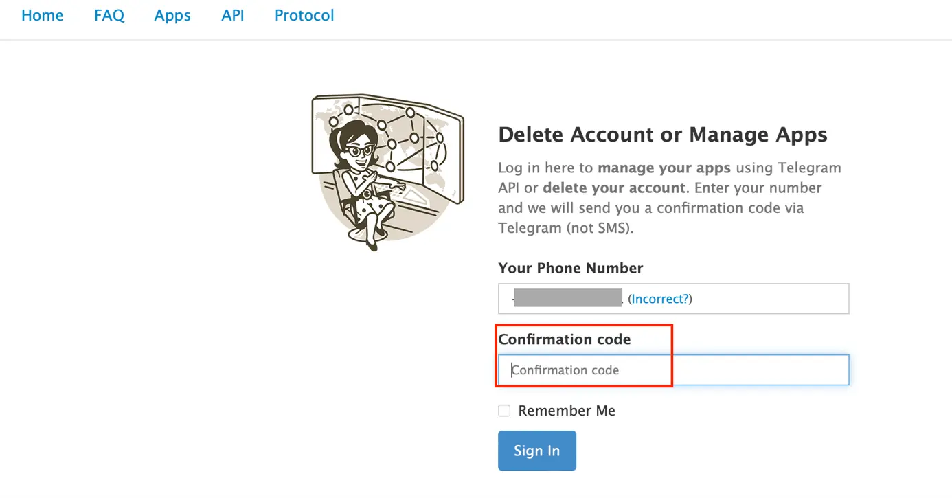 Nel browser: sito web di Telegram per inserire il codice di conferma Immagine: Nel browser: sito web di Telegram per inserire il codice di conferma