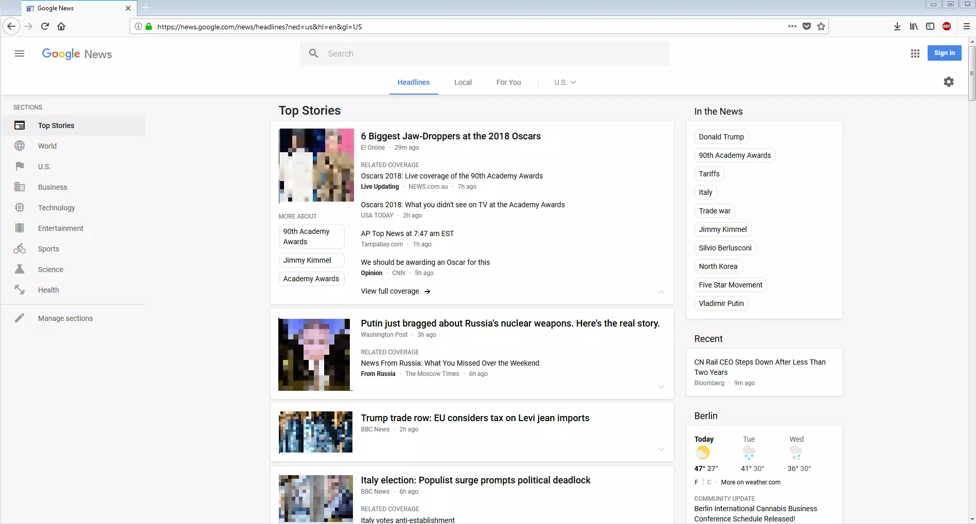 Screenshot di Google News