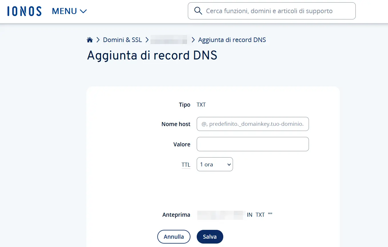 Aggiunta di un record DNS nell’area cliente di IONOS Immagine: Aggiunta di un record DNS nell’area cliente di IONOS