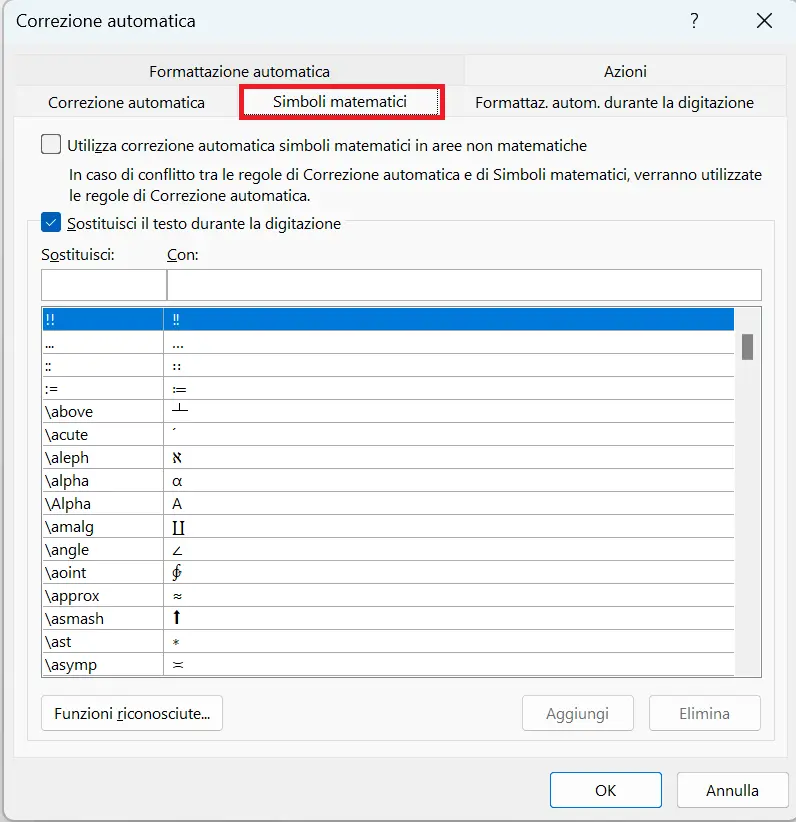 Scheda di Outlook “Simboli matematici” Immagine: Scheda di Outlook “Simboli matematici”