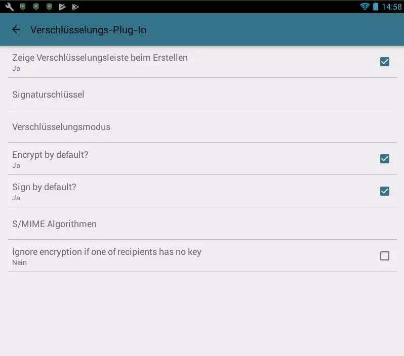 MailDroid: impostazioni di crittografia