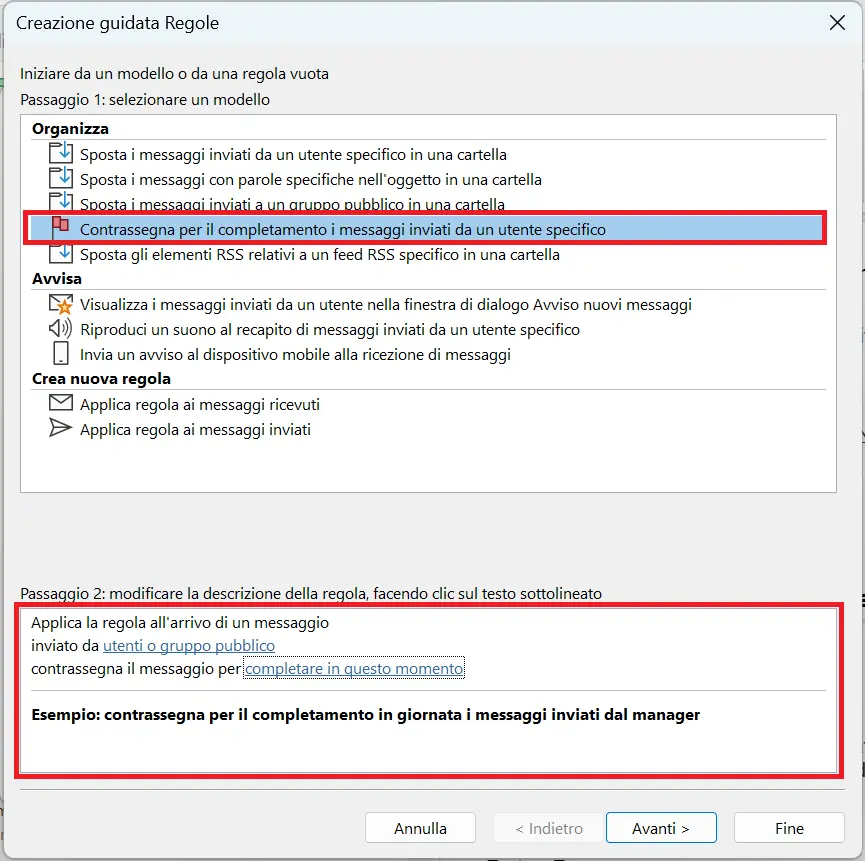Creazione guidata Regole di Outlook: selezione del modello per la regola Immagine: Creazione guidata Regole di Outlook: selezione del modello per la regola