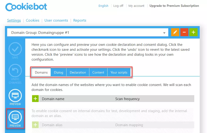 Sito web di Cookiebot – Impostazioni