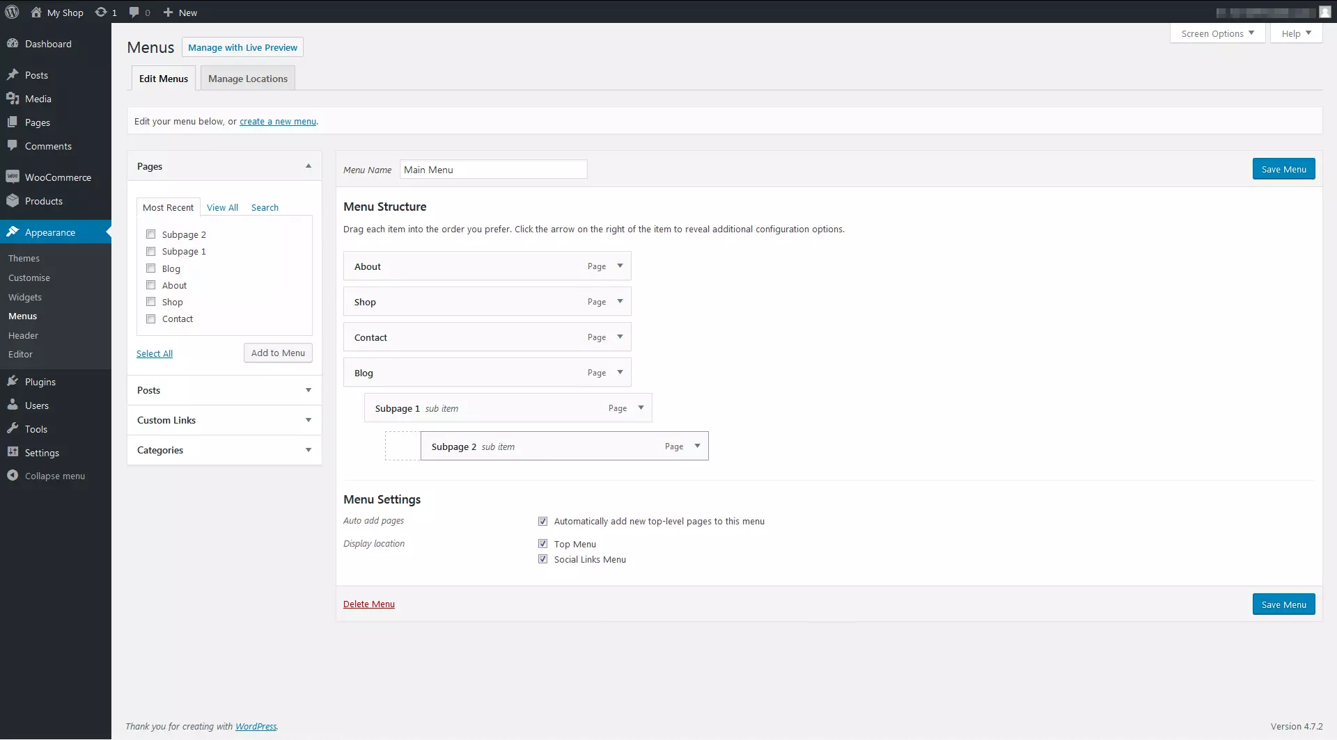 Immagine: Il plug-in WooCommerce: impostazioni e struttura del menu in inglese