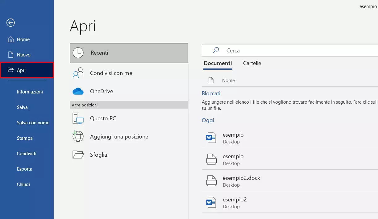 Immagine: “Apri” nella scheda “File” di Word