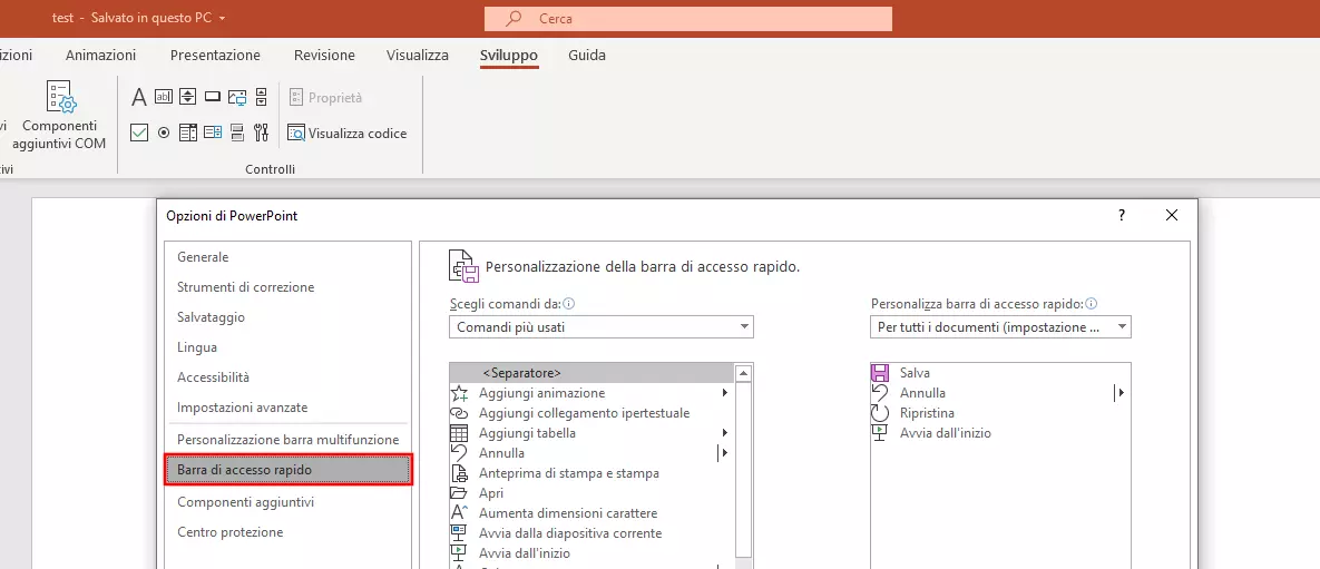 Immagine: Menu per la modifica della barra di accesso rapido di PowerPoint