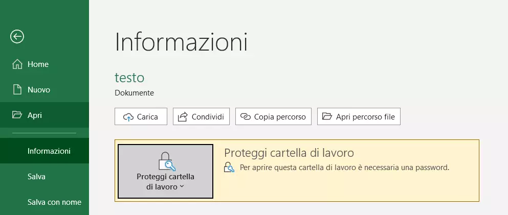 Immagine: Sezione della tab informazioni di quando una cartella è protetta con password