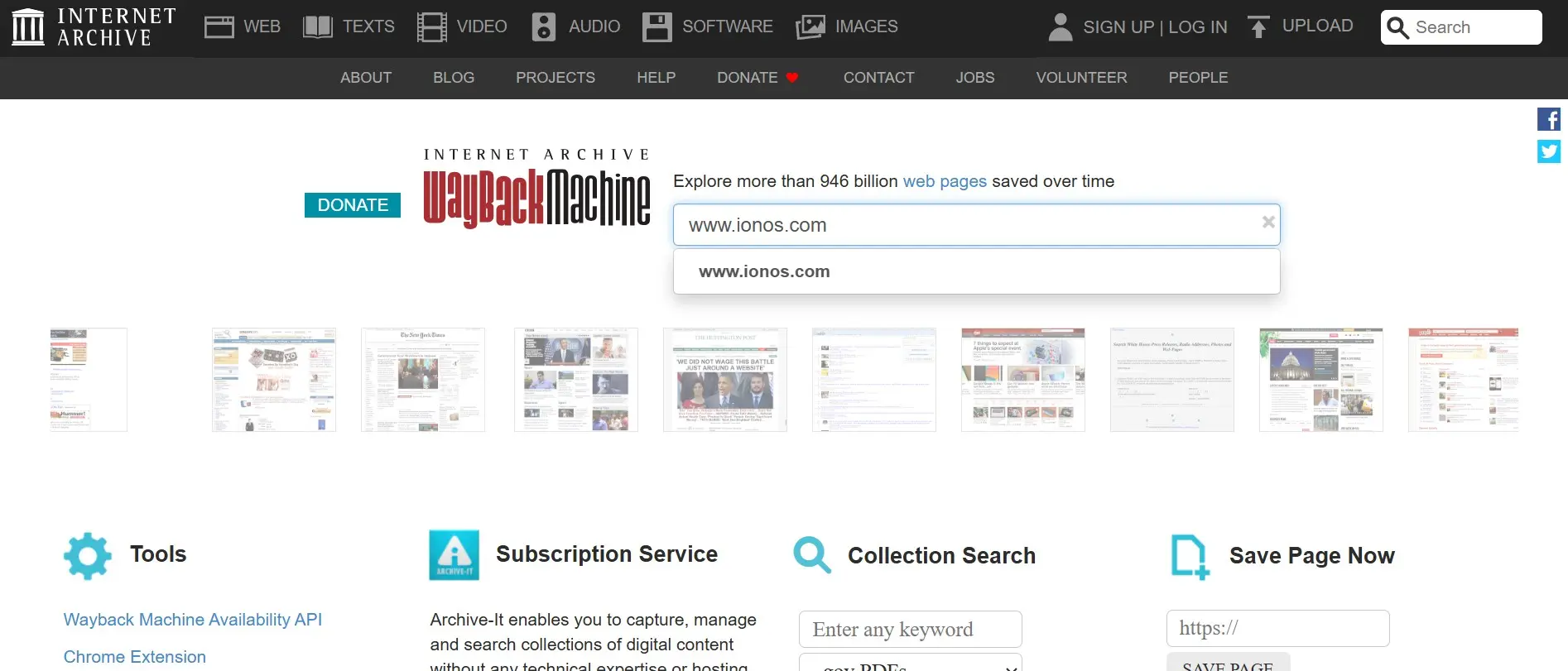 Immagine: Funzione della barra di ricerca di Wayback Machine