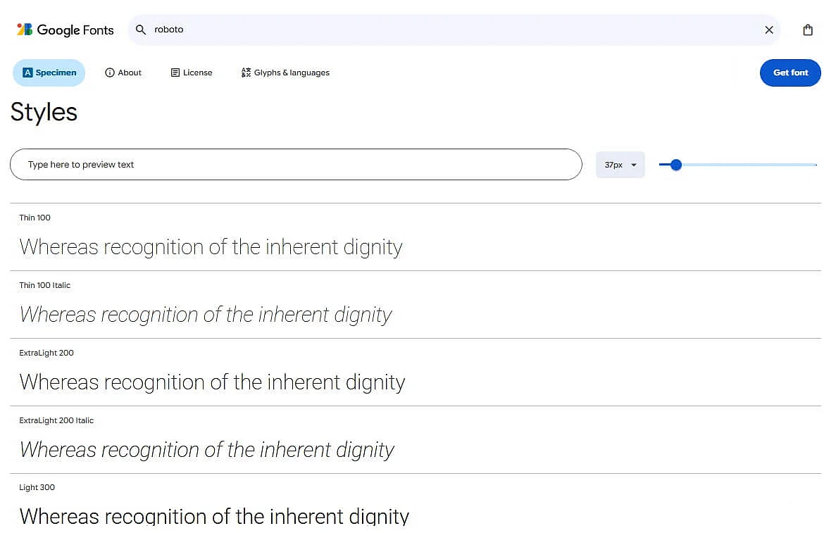 Diverse versioni del font Roboto disponibili su Google Fonts Immagine: Diverse versioni del font Roboto disponibili su Google Fonts