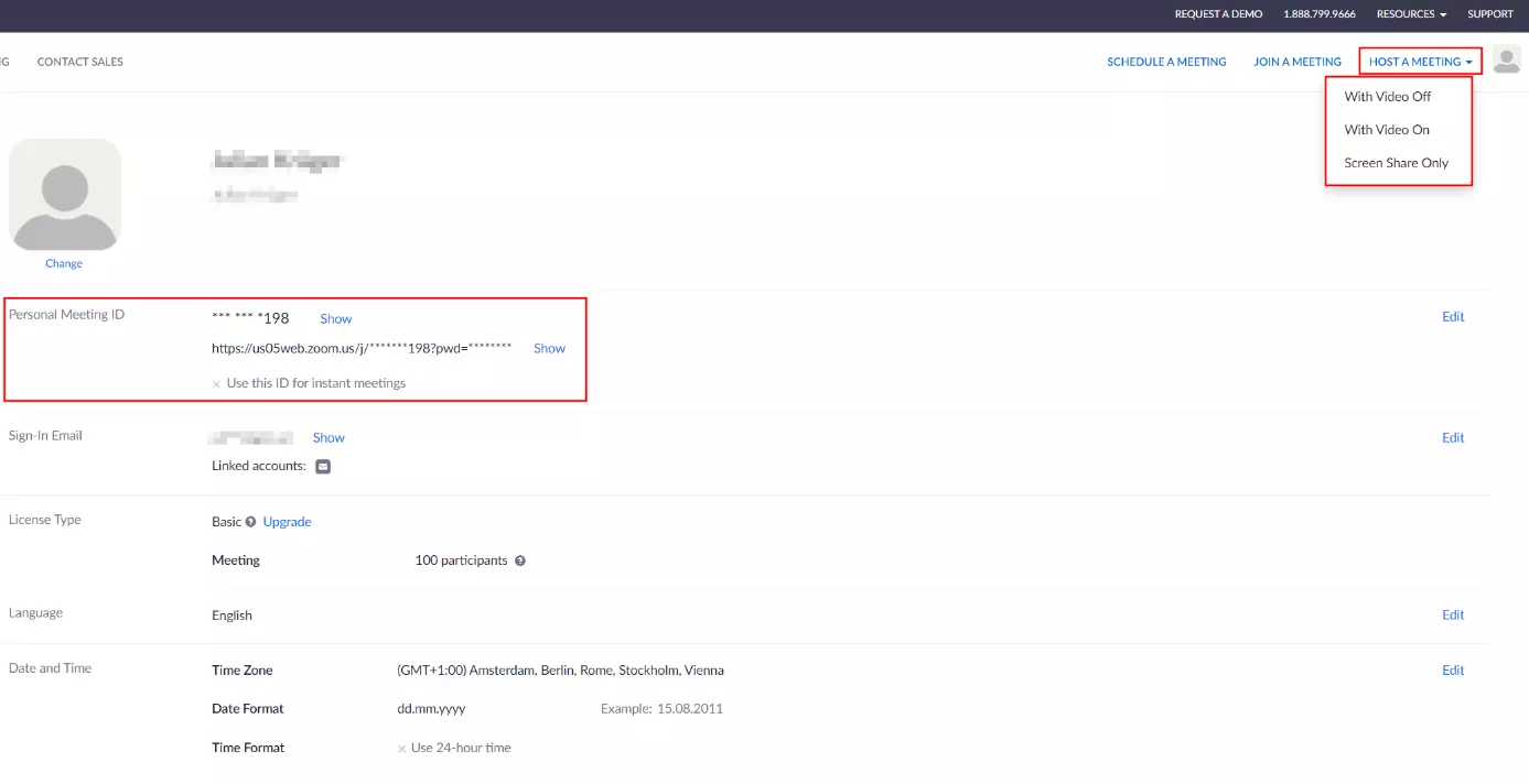 Immagine: Account di Zoom dal browser: pulsante “Ospita una riunione”