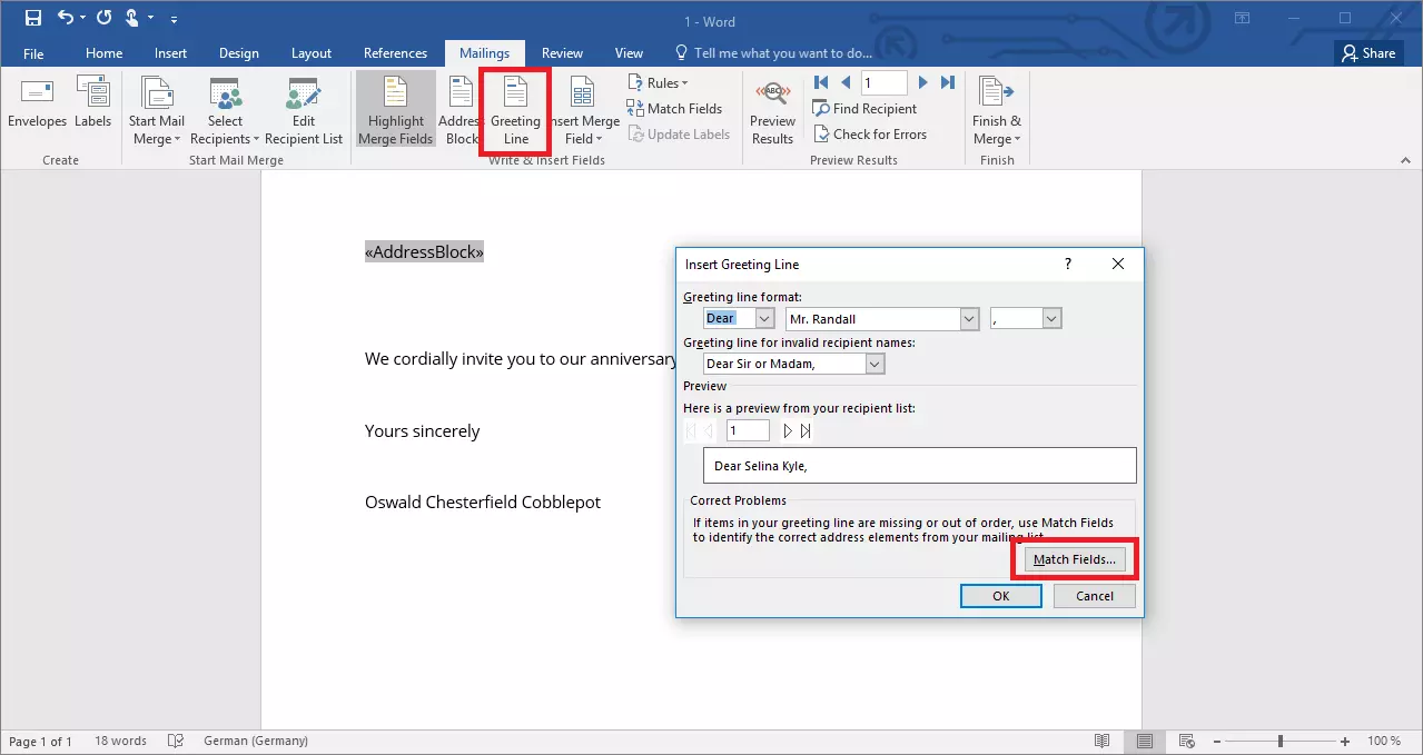 Menu di selezione “Formula di apertura” con il quale è possibile configurare una stampa unione in Word 