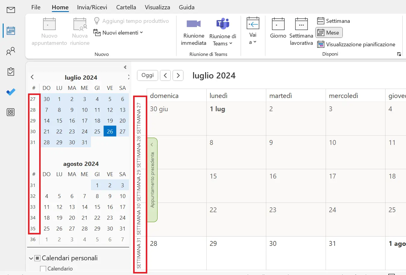 Visualizzazione calendario in Outlook Immagine: Visualizzazione calendario in Outlook