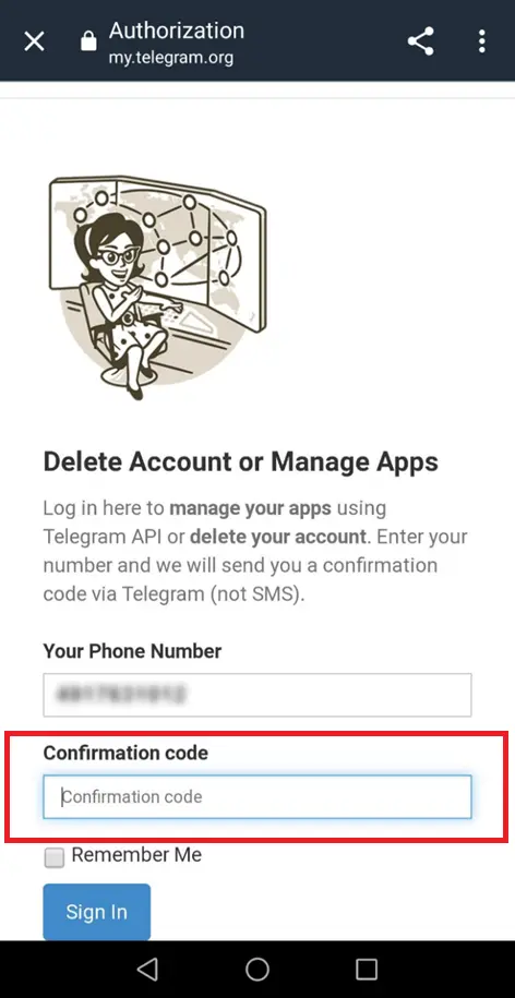 Sito web di Telegram per eliminare l’account: inserimento del codice Immagine: Sito web di Telegram per eliminare l’account: inserimento del codice