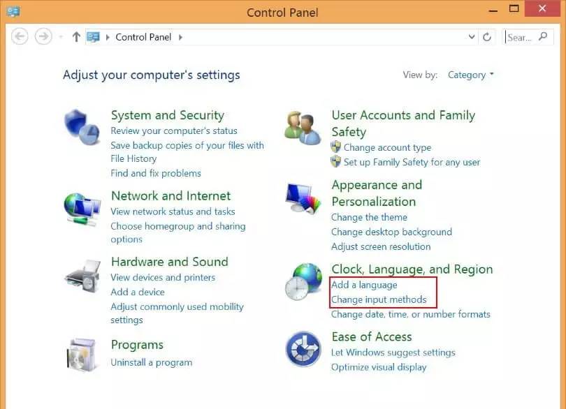Menu “Data/ora, lingua e area geografica” nel pannello di controllo di Windows 8