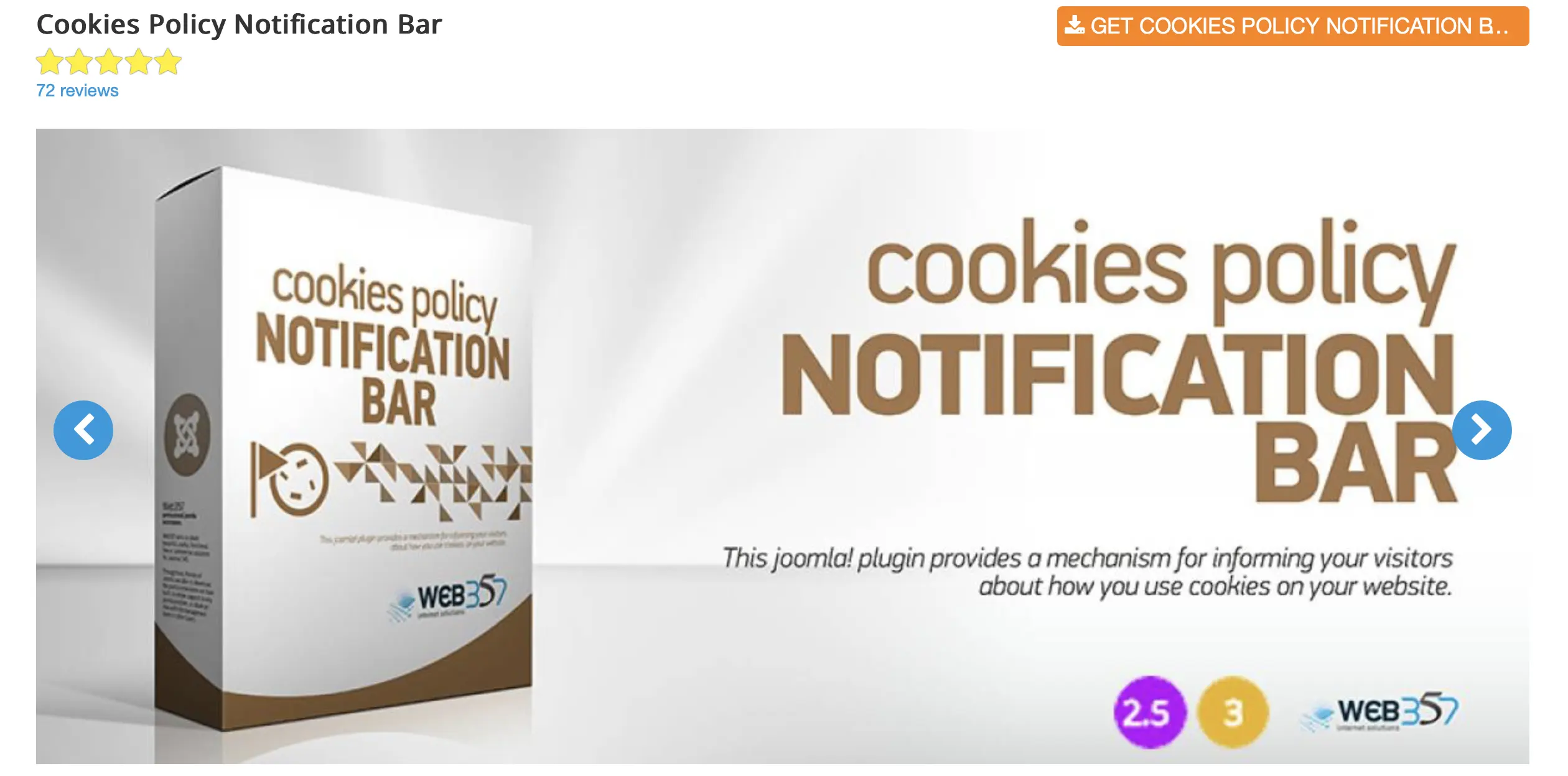 Screenshot del sito web dell’estensione Cookies Policy Notification Bar per Joomla Immagine: Screenshot del sito web dell’estensione Cookies Policy Notification Bar per Joomla
