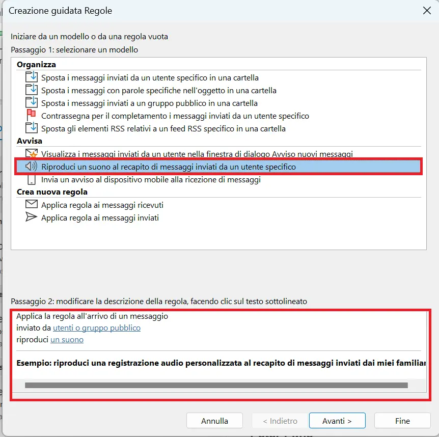 Creazione guidata Regole di Outlook: selezione del modello per la regola Immagine: Creazione guidata Regole di Outlook: selezione del modello per la regola