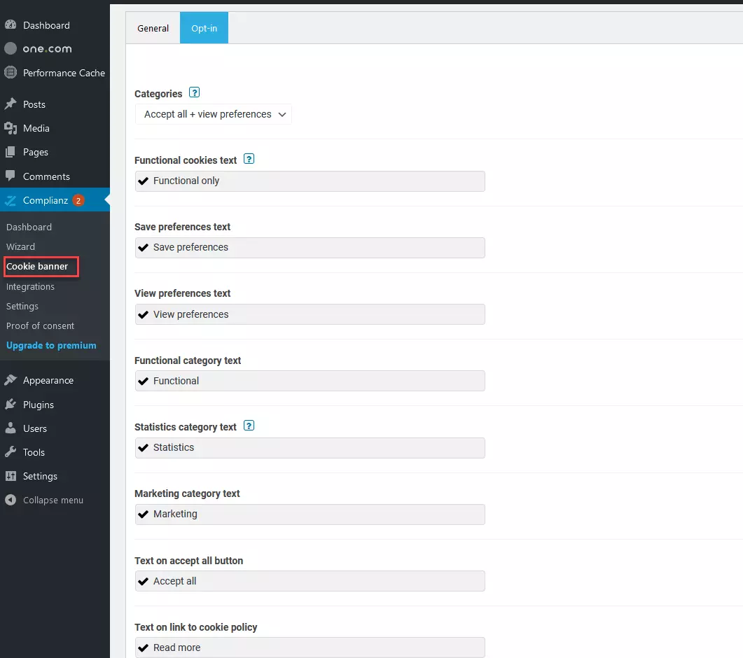 Complianz: opzioni di impostazione del banner dei cookie